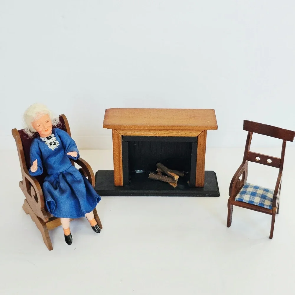Vintage Shackman Miniature Dollhouse Furniture Fireplace and Chairs Set Wood Toy